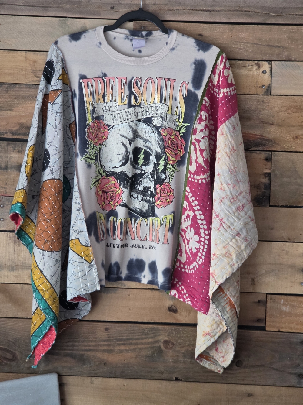 Upcycled Tie-Dye Skull 'Free Souls' Graphic Tee with Patchwork Quilt Sleeves